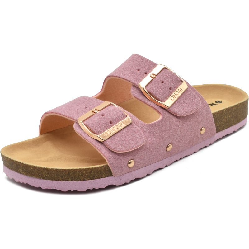 ONCAI Womens Comfortable Sandals Knock Off Clogs Sandals Women Dressy Summer Flat with Arch Support Two Strap Slip On Adjustable Buckle Slides Shoes for Women Pink Size 7 - Image 1